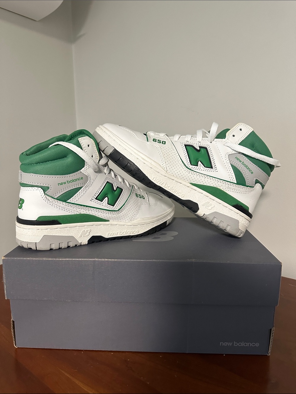 New Balance 650 High-Top Sneakers in White and Green - Women’s 8 or Men’s 6.5